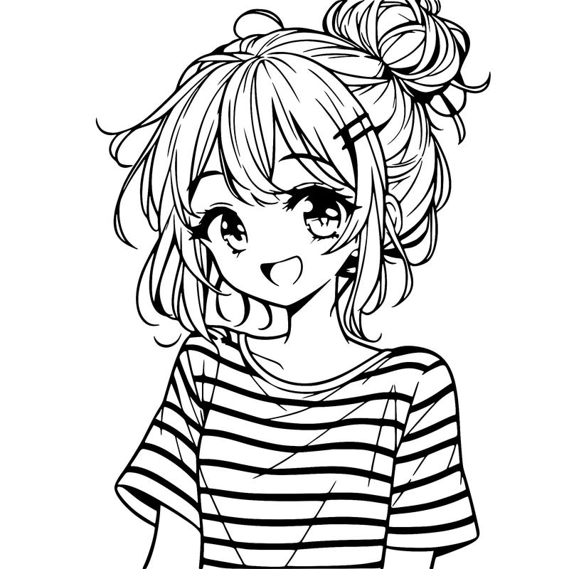 anime girl teenager striped shirt and smile and messy bun