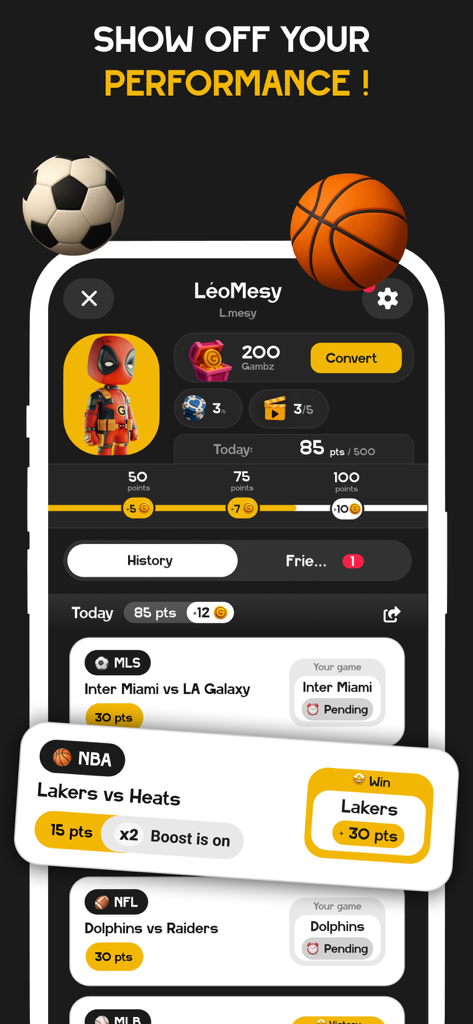 Schermata del profilo utente dell'app Gamby che mostra la cronologia dei pronostici sportivi e le ricompense in punti