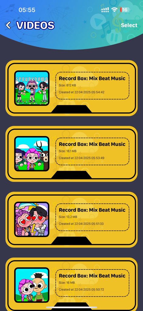 Record Box: Mix Beat Music - A list of saved music video recordings with cartoon character thumbnails and file details in the Record Box app.