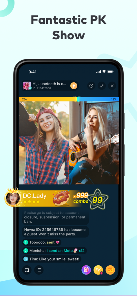 A split-screen live PK battle on the BIGO LIVE app featuring two female creators and virtual gifts.