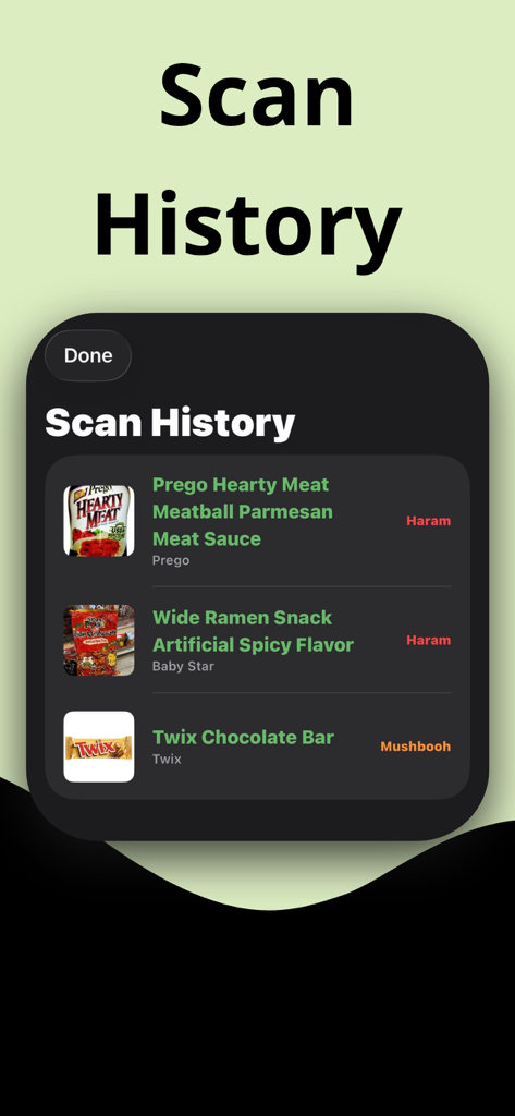 Uma captura de tela da tela de histórico de digitalização no aplicativo Halal Scanner mostrando itens alimentares verificados anteriormente com status como Haram e Mushbooh