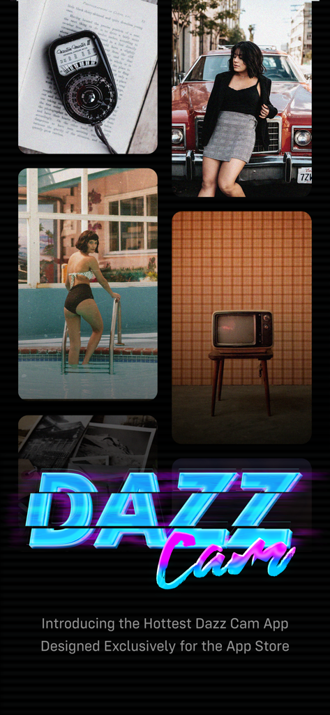 A collage of vintage-style photos including a woman by a classic car and a retro television with the Dazz Cam logo in neon blue and pink glitch text.