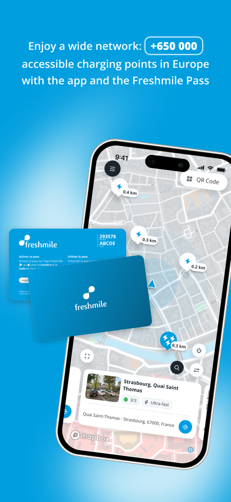 Freshmile – Charge points - Freshmile mobile app displaying a map of European electric vehicle charging points and the physical Freshmile Pass card.