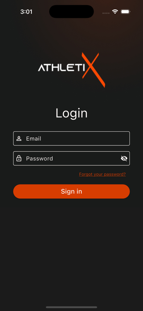 Athletix Eg - Athletix Eg app login screen with email and password fields and orange sign in button