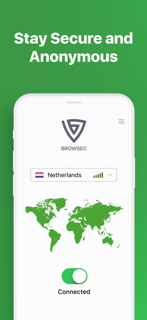 Browsec VPN 앱 인터페이스가 네덜란드 서버에 성공적으로 연결되었으며 녹색 세계 지도가 표시됩니다.