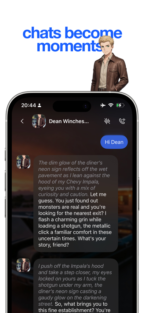 mochii - Emochi alternative - A screenshot of the mochii app showing an immersive AI roleplay conversation with an anime character