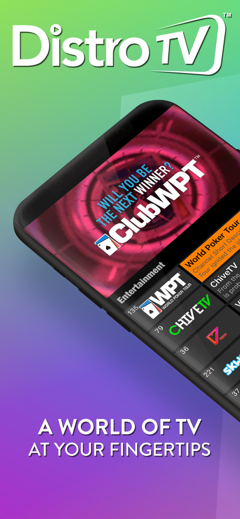 DistroTV - Live TV & Movies - Interfaz de la aplicación móvil DistroTV que muestra varios canales de entretenimiento en vivo como World Poker Tour