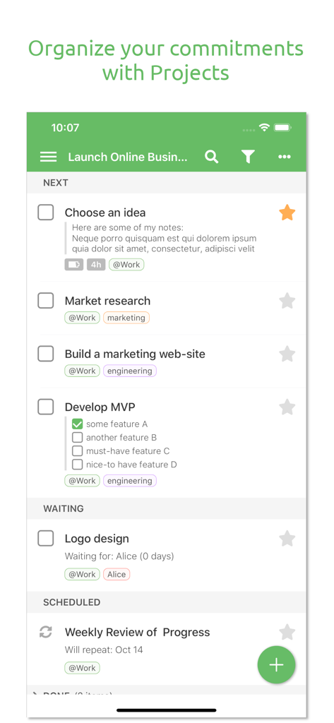 Everdo: GTD and To-Do List - Everdo mobile app interface showing tasks organized by Next Waiting and Scheduled within a project