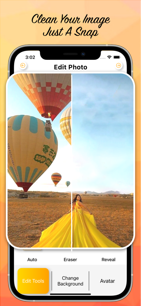 iPhone interface showing an AI photo editor removing hot air balloons from a travel image