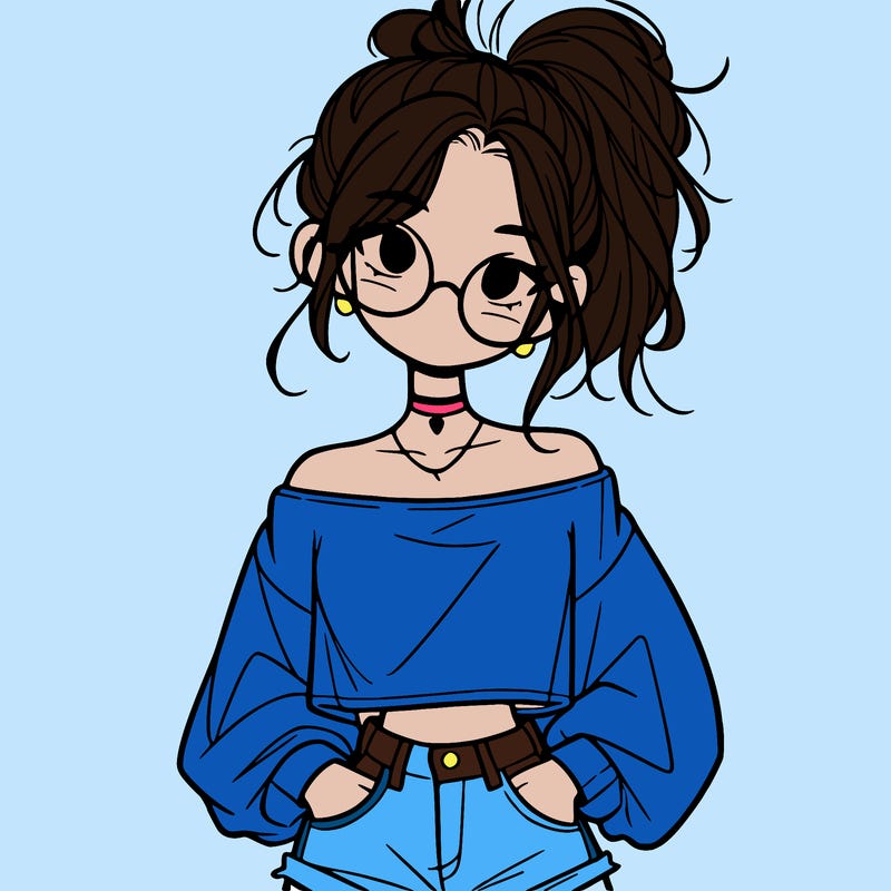 girl with a messy ponytail glasses a baggy crop top and jean shorts