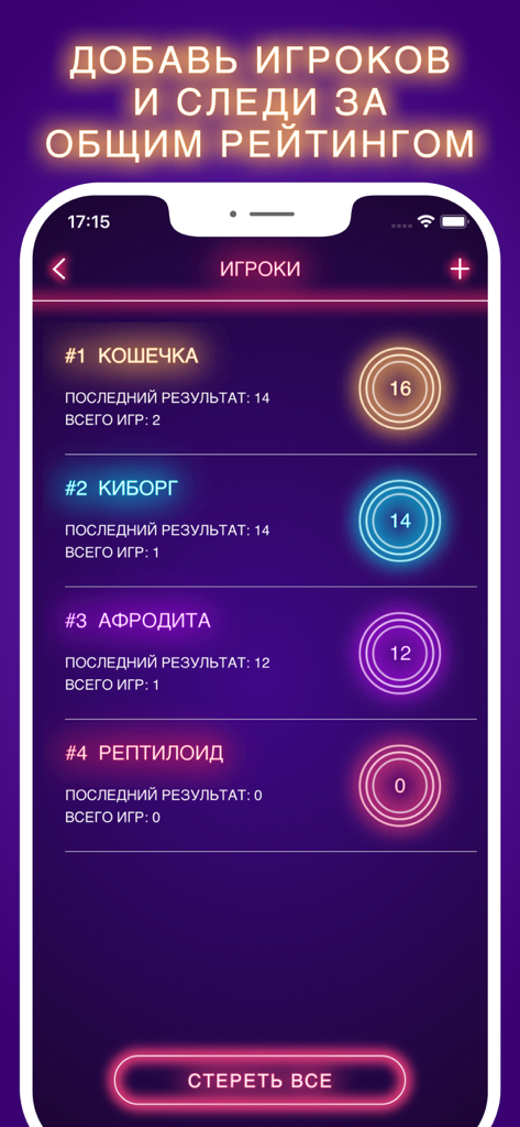 Руки вверх 18+ игра - Pantalla de tabla de clasificación que muestra las puntuaciones de los jugadores y las clasificaciones en la aplicación del juego de fiesta ruso Ruki Vverh
