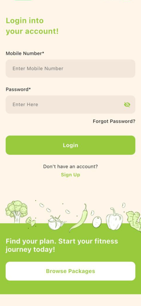 Fitness Kitchen App - The login interface of the Fitness Kitchen App showing mobile number and password entry fields with a browse packages button