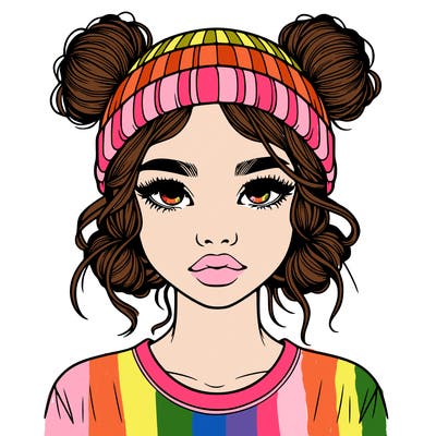 realistic girl with buns in her hair with a beanie on