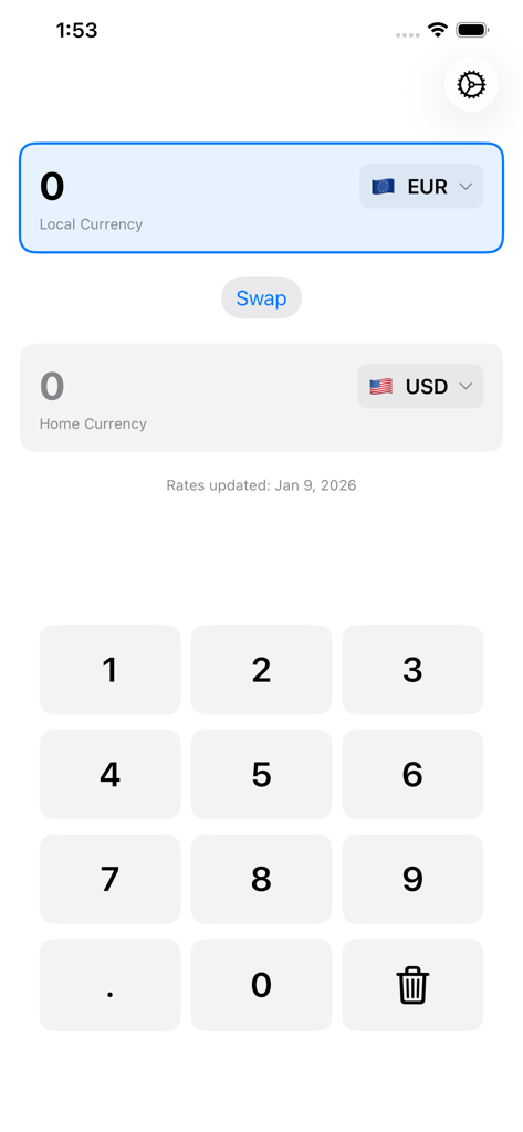 Basic Currency Converter - Basic Currency Converter app interface with EUR to USD conversion and numeric keypad