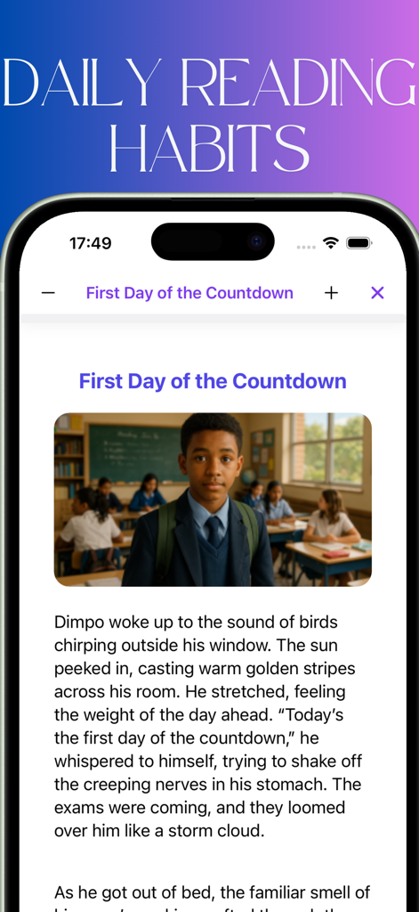 Oberfläche der Dimpo Lern-App, die die Funktion "Tägliche Lesegewohnheiten" mit einer erzählenden Geschichte für Schüler zeigt.