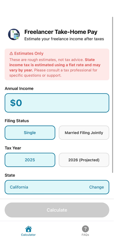 Freelancer Take-Home Pay - Interfaz de la aplicación de calculadora de impuestos sobre la renta para freelancers que muestra campos de ingresos y estado de presentación