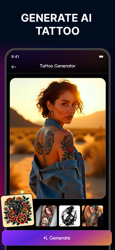 AI image generator - Maker - A smartphone screen displaying the AI tattoo generator tool with various design examples
