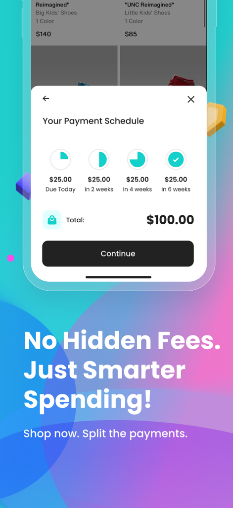 Four app interface showing a payment schedule for a one hundred dollar purchase split into four twenty-five dollar bi-weekly installments