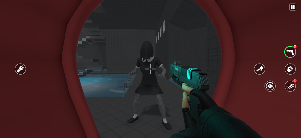 Visão em primeira pessoa da jogabilidade de Silent Maze com um jogador mirando uma arma em uma entidade fantasmagórica em uma sala assustadora.