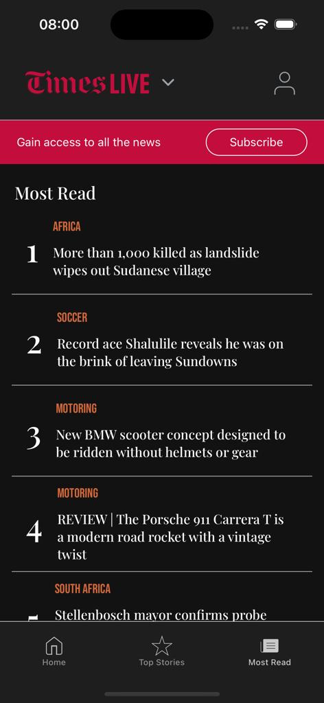 TimesLIVE - The Most Read section of the TimesLIVE mobile app featuring top headlines on African news, soccer, and motoring.