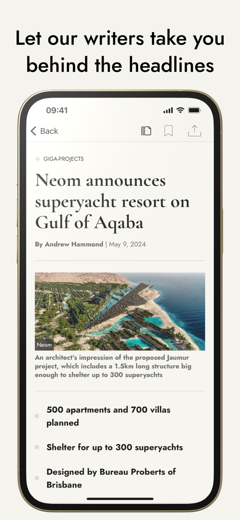 AGBI - A screenshot of the AGBI app displaying a business article about the Neom superyacht resort project.