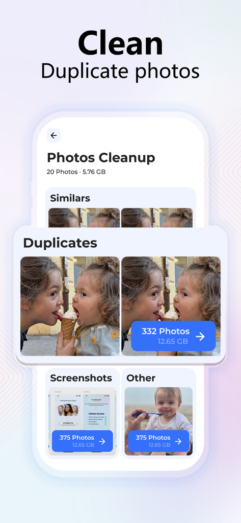 AI Cleaner Pro: Clean Storage - Interfaz de la aplicación AI Cleaner Pro mostrando la función de limpieza de fotos duplicadas y similares para ahorrar almacenamiento