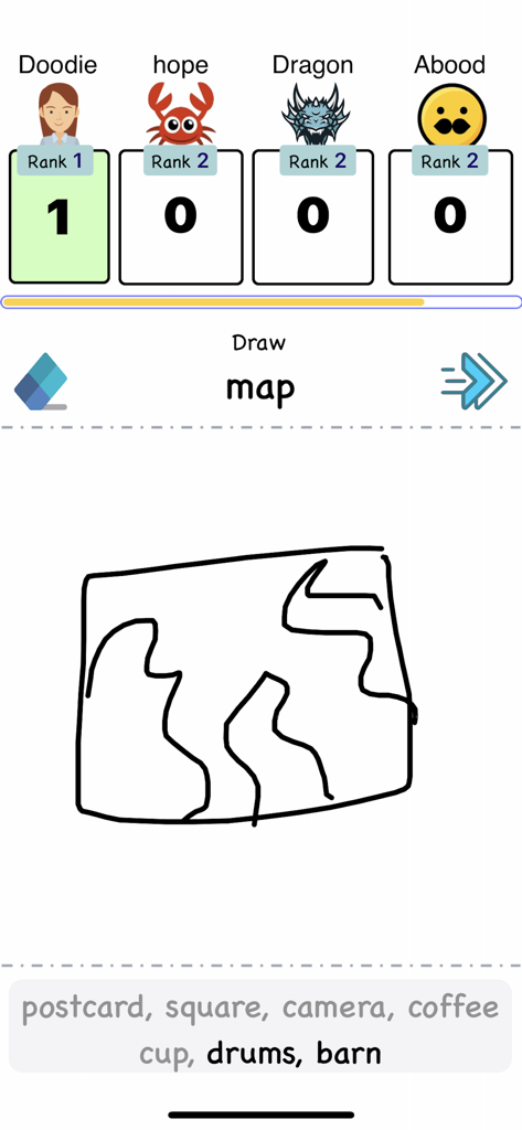 Draw Fast - A gameplay screenshot of the Draw Fast app showing a map drawing with AI guesses and player rankings.