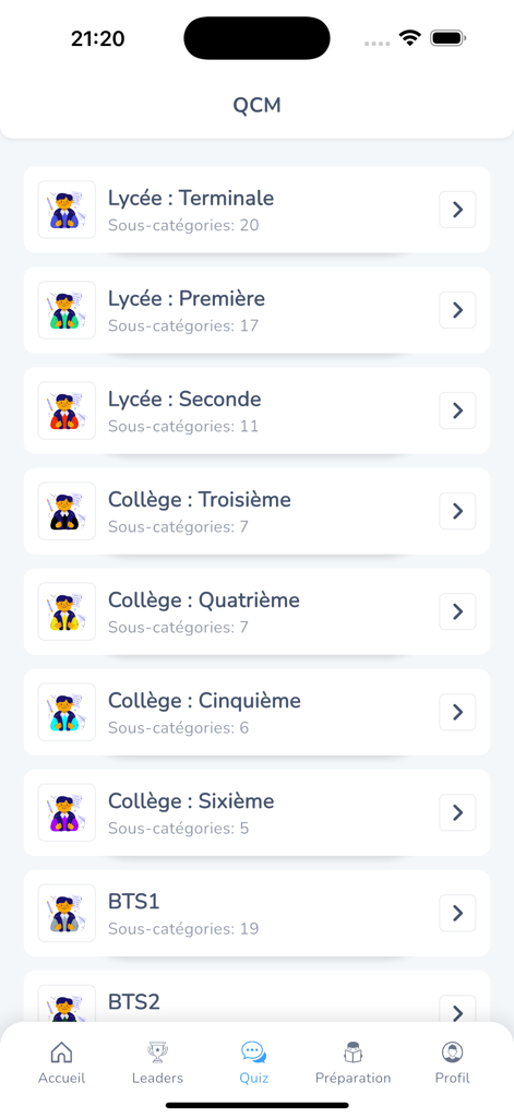 ReviseClasse : Brevet Bac Sup - Menu da aplicação ReviseClasse mostrando categorias de questionários para níveis educacionais franceses, desde o ensino secundário ao superior