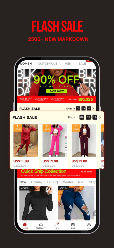 LovelyWholesale mobile app interface showing flash sales and ninety percent off black friday discounts on womens clothing