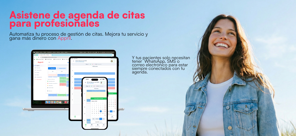 Appril-Agenda de profesionales - Banner da Appril mostrando o aplicativo de gerenciamento de consultas em computador, tablet e celular