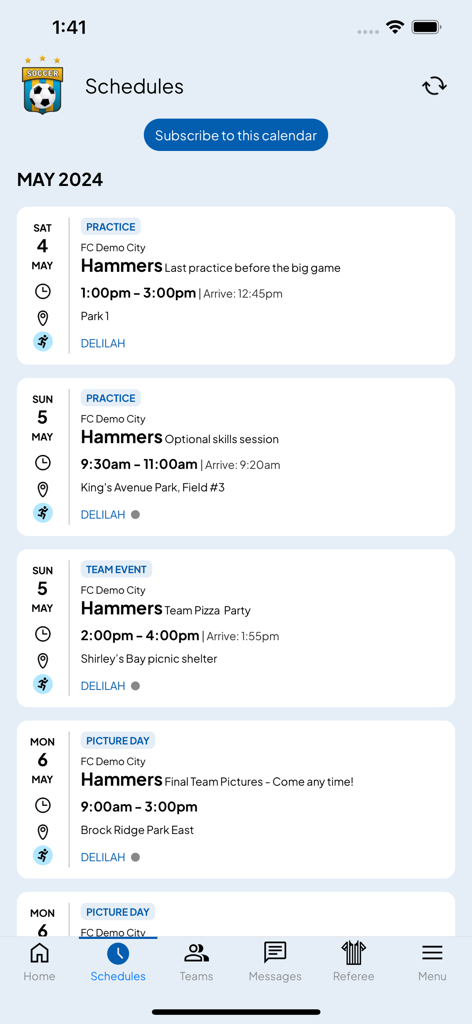 PowerUp Connect - Mobile app screen showing a sports schedule with soccer practice, team events, and picture day details