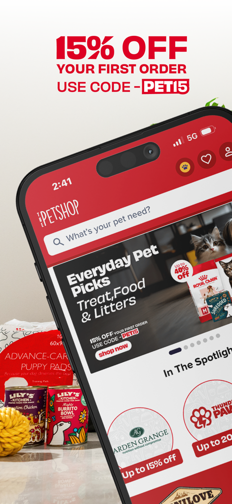 ThePetshop.com - Screenshot of ThePetshop.com mobile app showing a 15 percent discount offer on the first order for pet supplies and food
