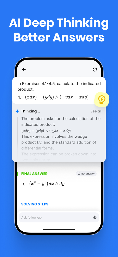 Solvely - AI Study Companion - Solvely app interface showing AI deep thinking process for a complex calculus problem and final answer.