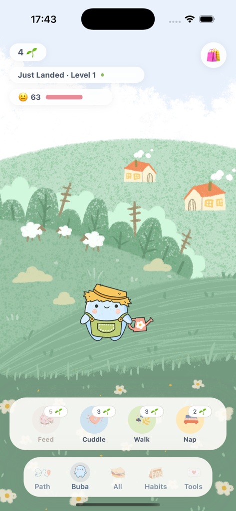 Buba – self-care buddy - Una captura de pantalla de la aplicación de autocuidado Buba que muestra un lindo personaje azul en un acogedor paisaje verde con botones de interacción para alimentar, abrazar, pasear y dormir.