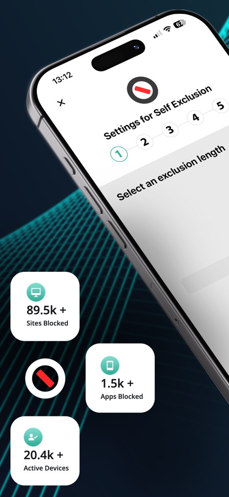 BetBlocker: Gambling Exclusion - BetBlocker app interface showing settings for gambling self-exclusion with stats on blocked sites and apps.