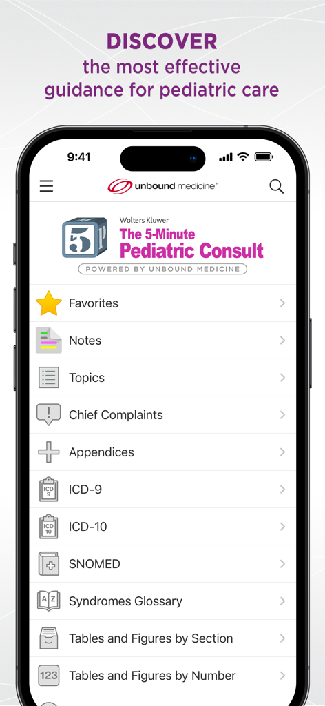 Ecrã principal da aplicação The 5-Minute Pediatric Consult apresentando ferramentas de apoio à decisão clínica, como queixas principais e códigos médicos.