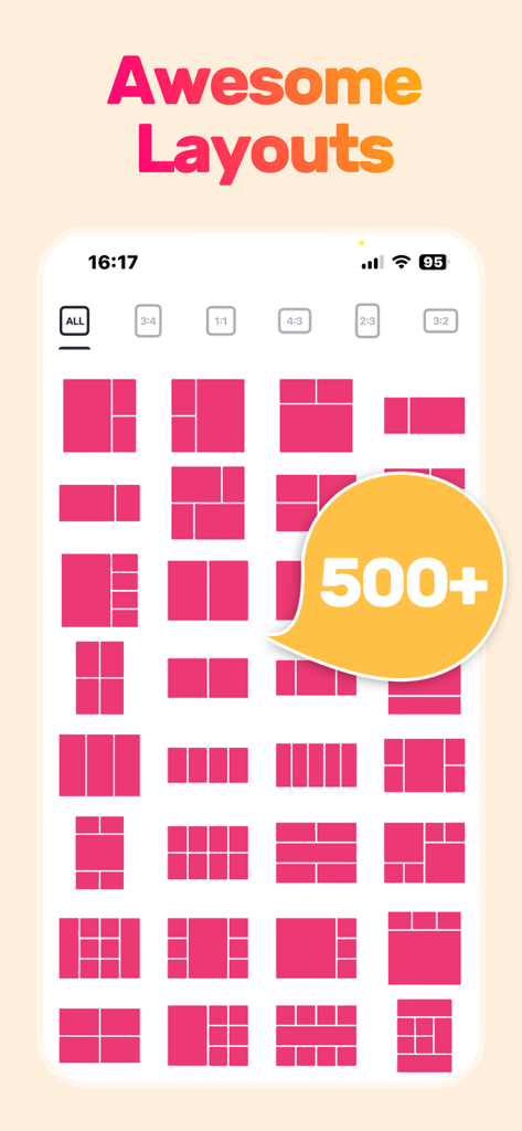Collage Maker: Photos Editor - アプリで利用可能な500以上の写真コラージュレイアウトとアスペクト比オプションのグリッド表示。