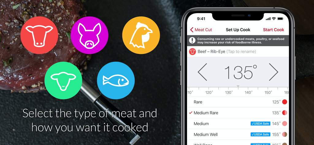 MEATER® Smart Meat Thermometer - Pantalla de la aplicación MEATER que muestra la selección del tipo de carne y los ajustes de temperatura objetivo para un filete de ojo de bife