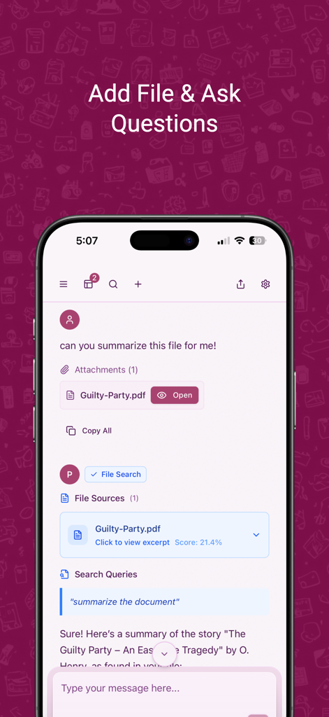 PDF AIアプリのインターフェイス。ドキュメントを要約するチャット会話が表示されています。