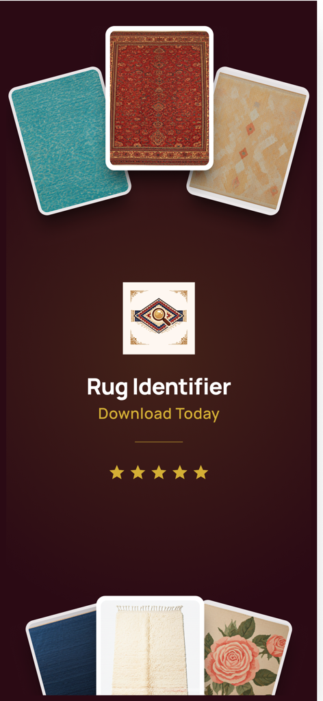 Rug Identifier - Promotional graphic for the Rug Identifier app showing various antique and modern rugs with a five-star rating and the app icon