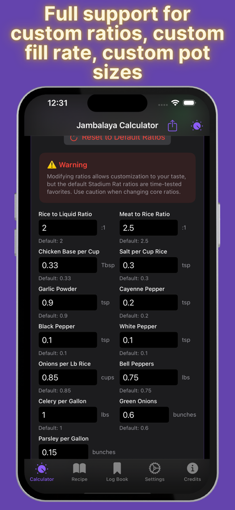 Jambalaya Calculator - A screenshot of the Jambalaya Calculator app showing adjustable ingredient ratios for rice meat and spices