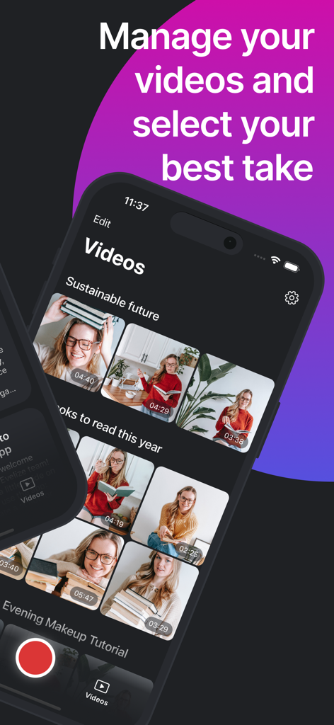 Video Teleprompter - Evelize - Mobile app screen showing the Evelize video library for managing recordings and selecting the best take.