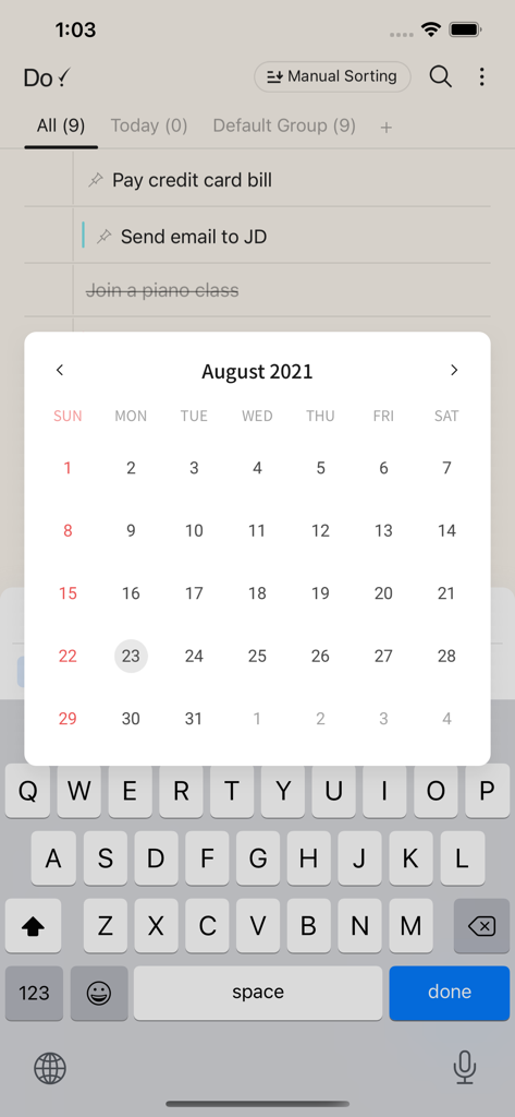 Interface of the Do! simple to do list app with a task list and a calendar picker pop up.