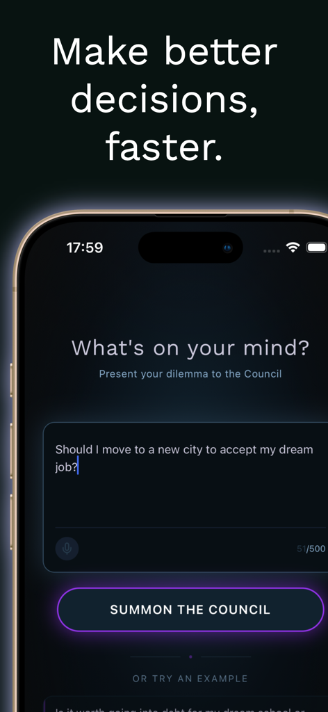 Moot AI mobile app interface showing a prompt to input a life dilemma and a button to summon the council for advice.