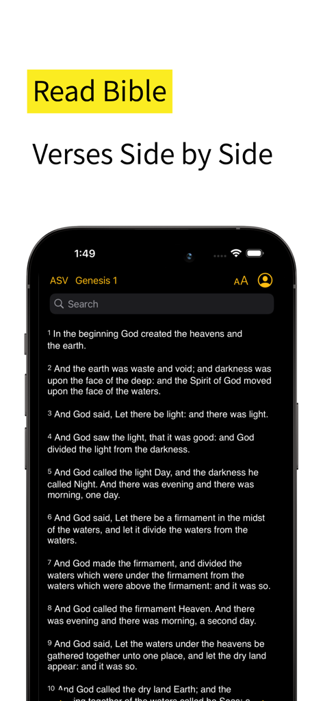 Bible Study Tools - Screenshot of the Bible Study Tools app showing Genesis verses in dark mode