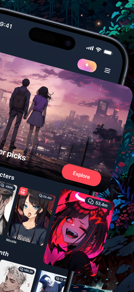 Carter Chat: Viral AI Chat App - Mobile interface of Carter Chat showing anime character profiles and a city sunset background