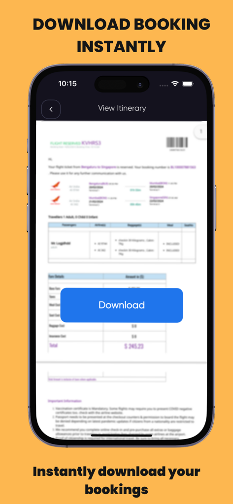 FlightGen Flight Itinerary App - FlightGen app interface displaying a flight itinerary preview with a large blue download button