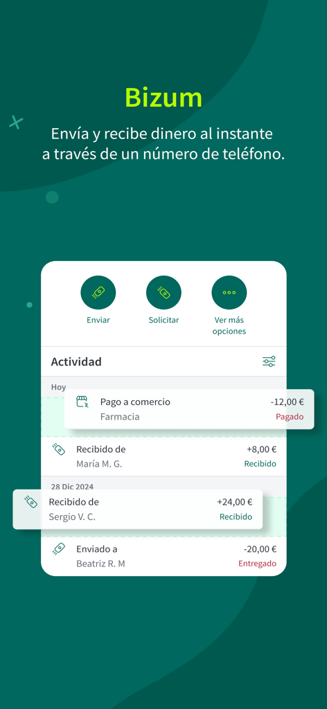 Pantalla de la aplicación Ruralvia para pagos instantáneos Bizum y actividad de transacciones