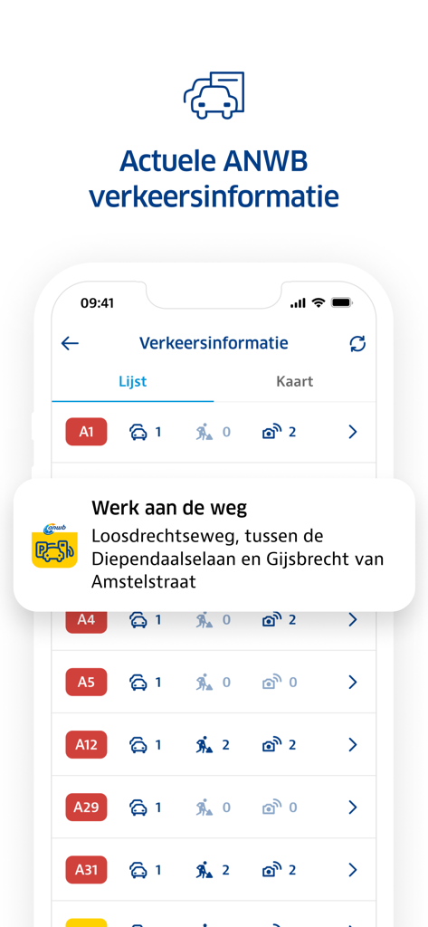 ANWB Onderweg app displaying live traffic information and roadwork alerts for motorists