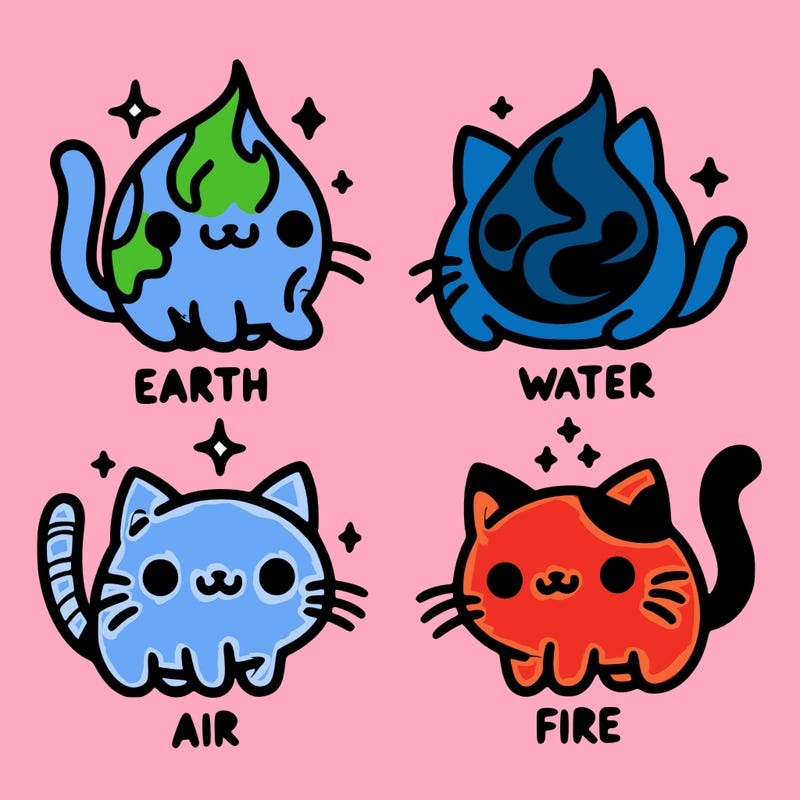 4 cats that represent the different elements, earth, water, air, and fire